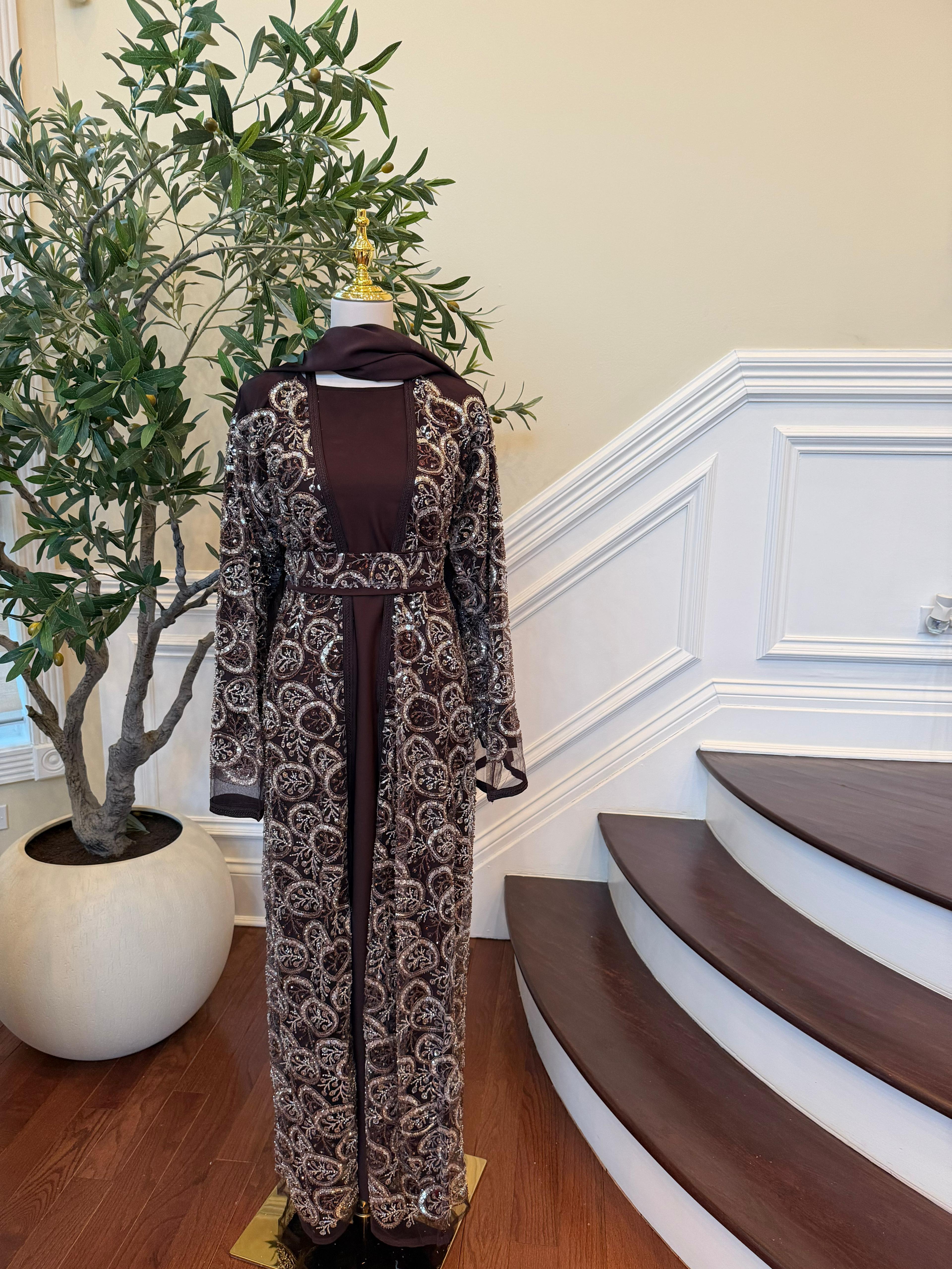 Brown Sequin Two Piece Abaya