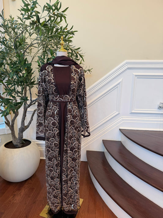 Brown Sequin Two Piece Abaya