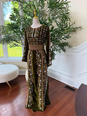 Velvet Olive Green Beaded Stone Thobe