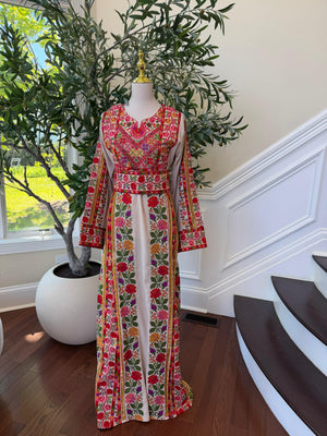 Beige Embroidery Embellished Tatreez Floral Sabal Kharaz Thobe