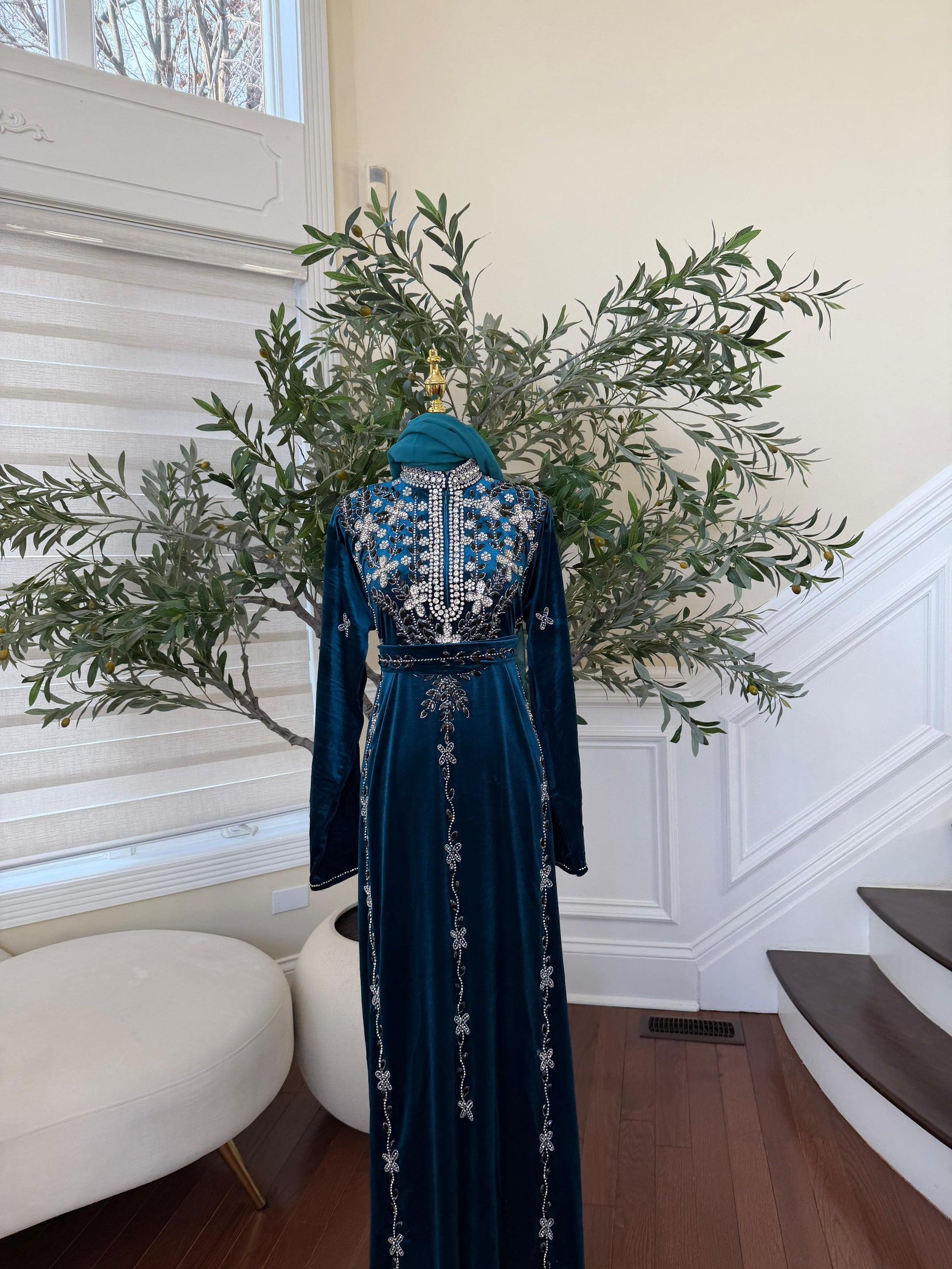 Turquoise Crystal Velvet Design Elegance Abaya