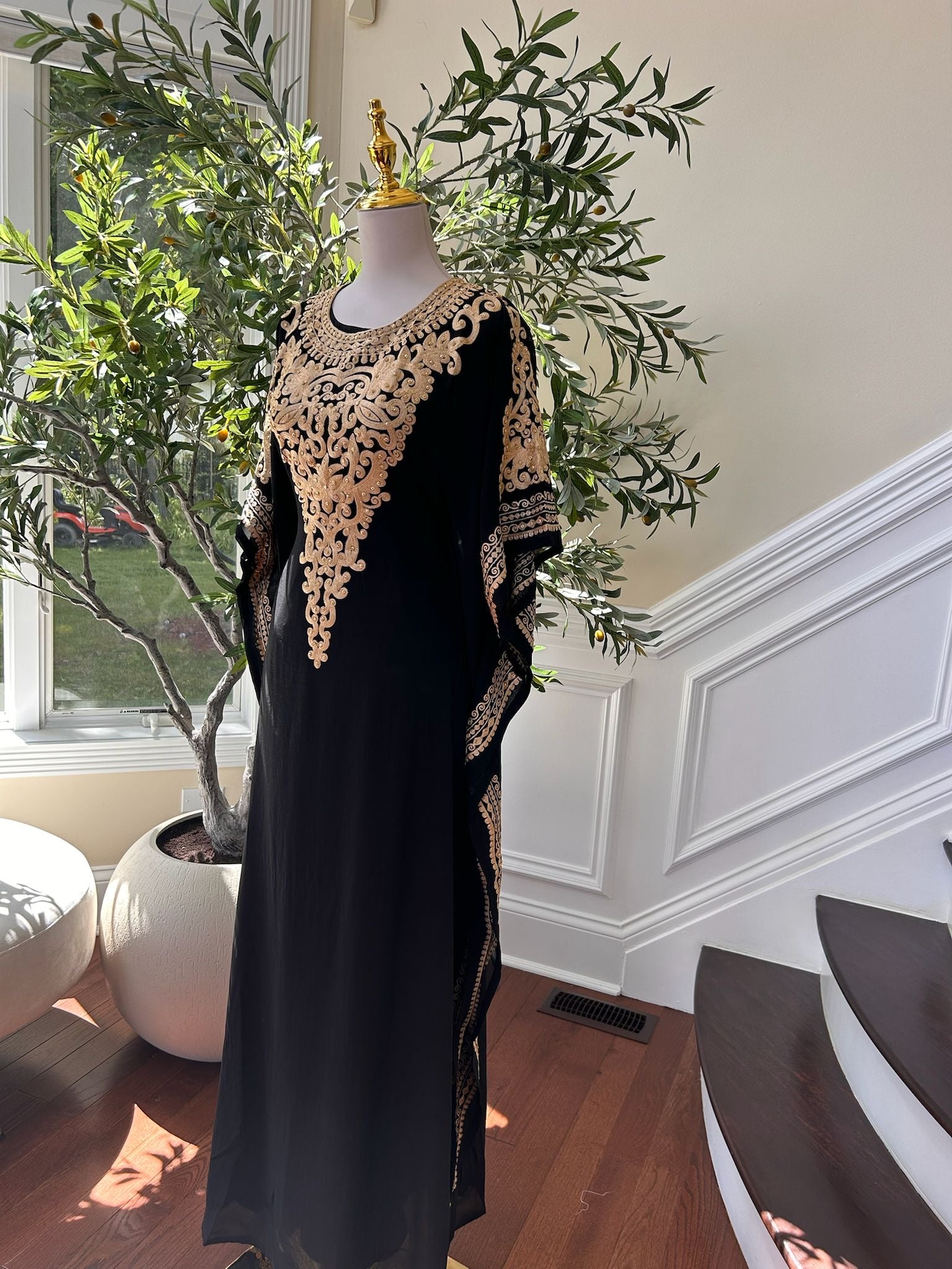 Luxury Black & Gold Embroidered Kaftan Gown