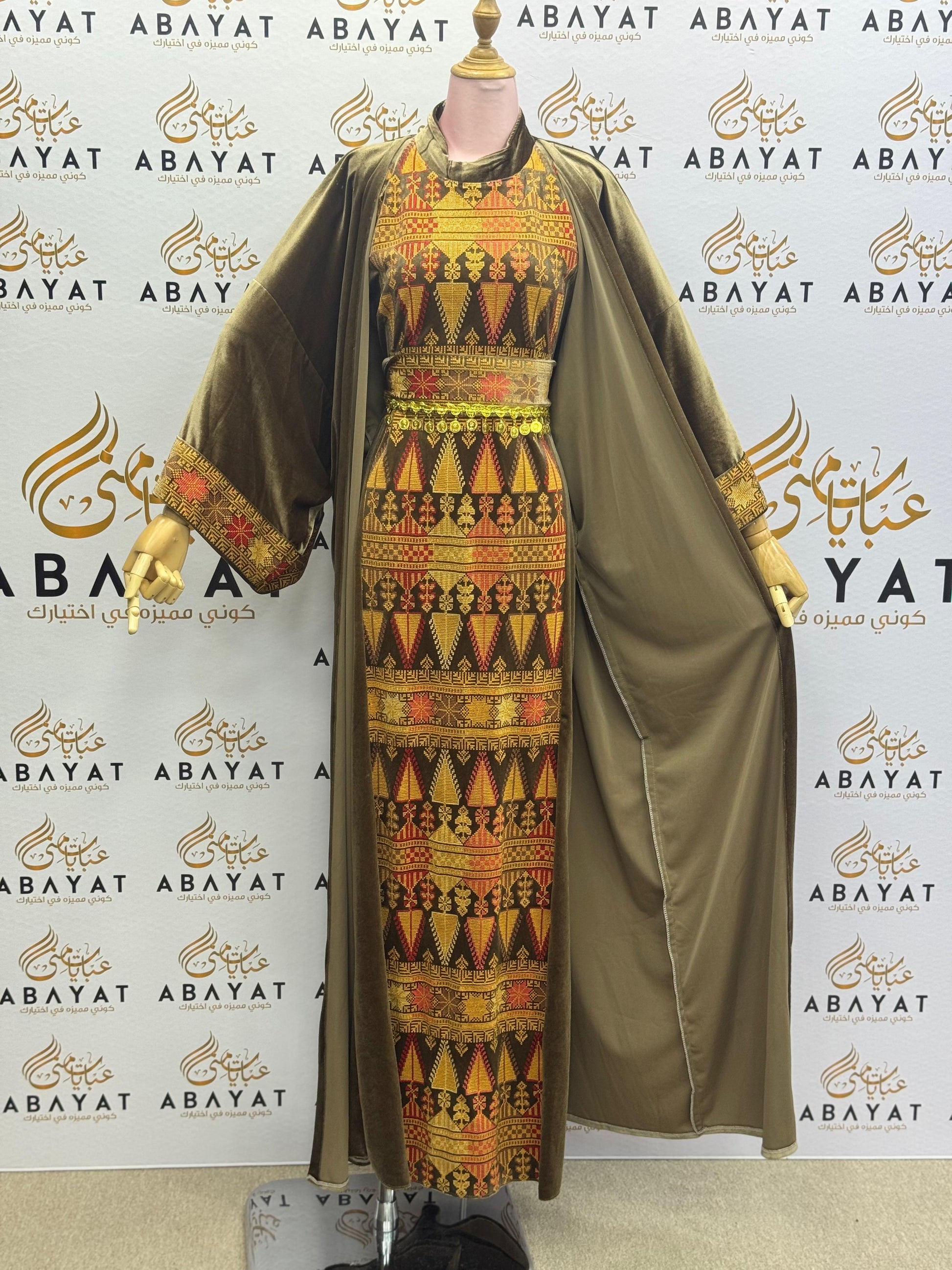 Olive Velvet Palestinian Thobe with Traditional Tatreez Embroidery A1968