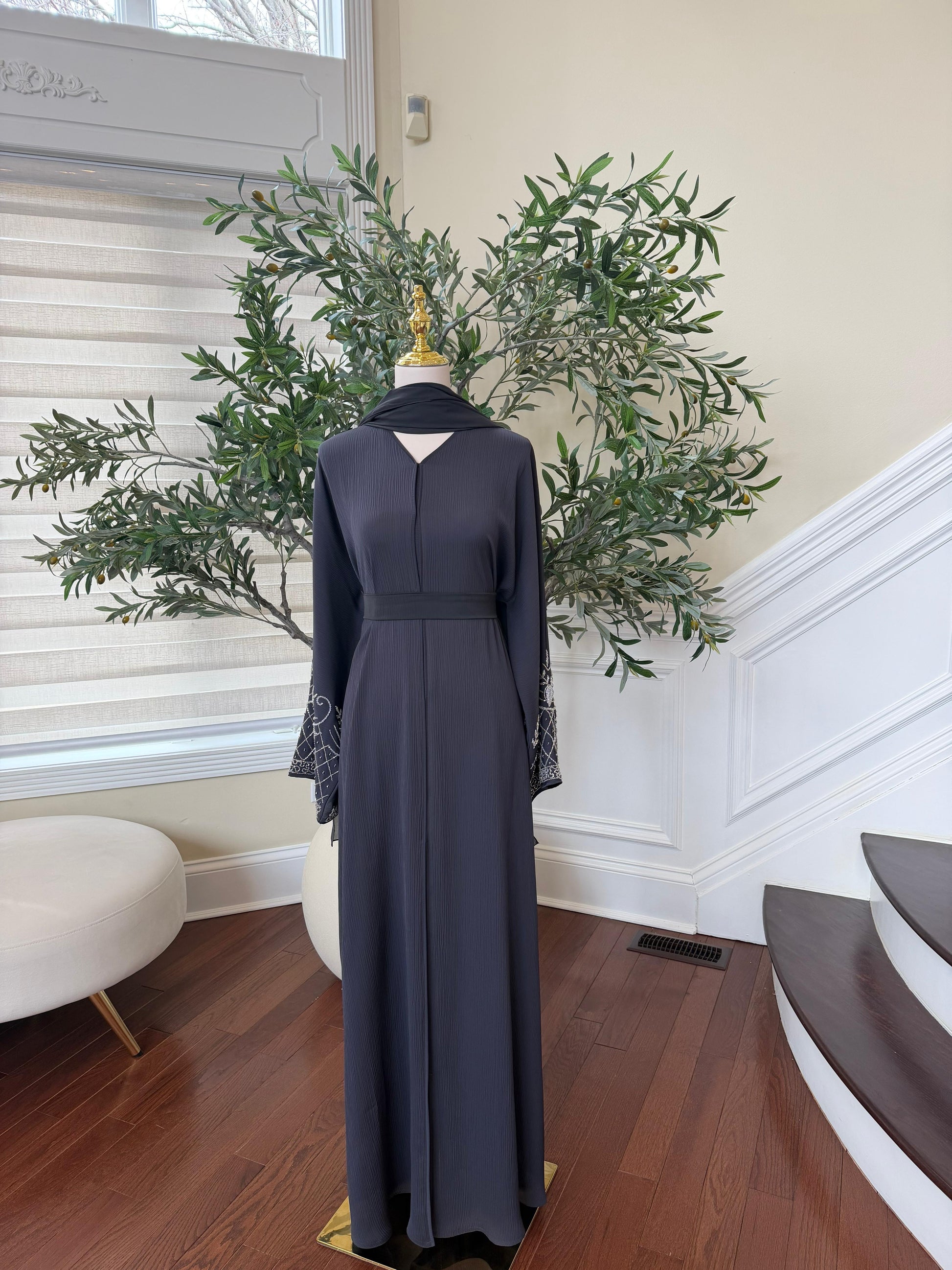 Grey Silver Sleeve Beaded Abaya