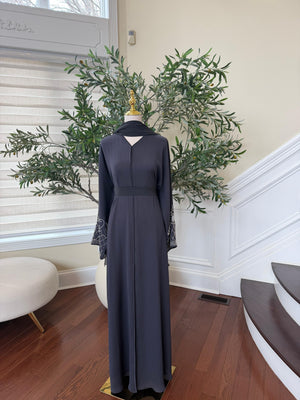 Grey Silver Sleeve Beaded Abaya