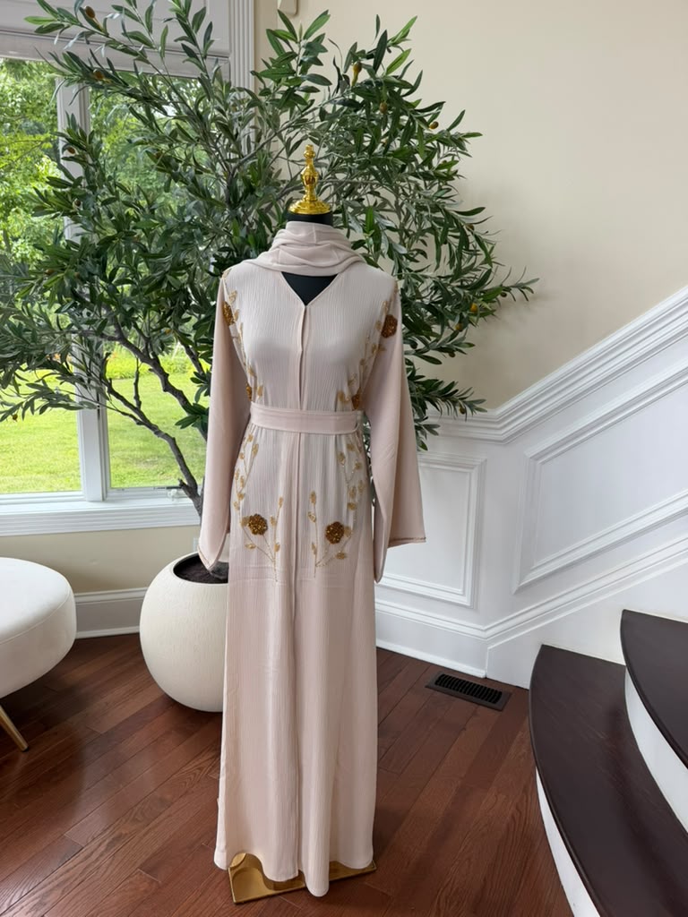 Cream Golden Floral Abaya