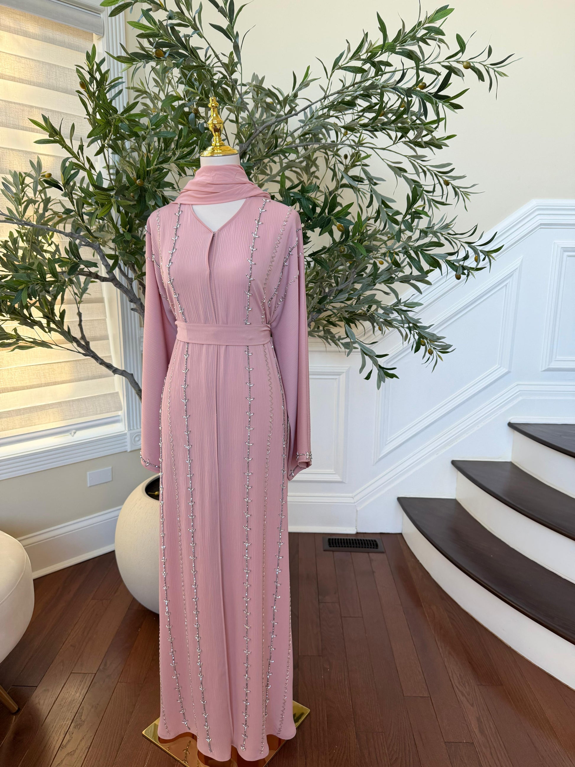 Pink Rose Charm Beaded Abaya