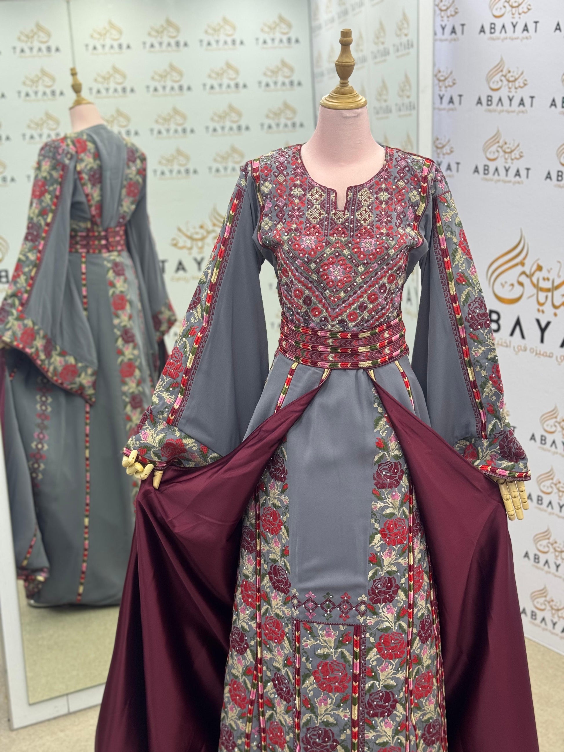 Elegant Grey & Burgundy Palestinian Embroidered Thobe – Floral Tatreez with Wide Sleeves”