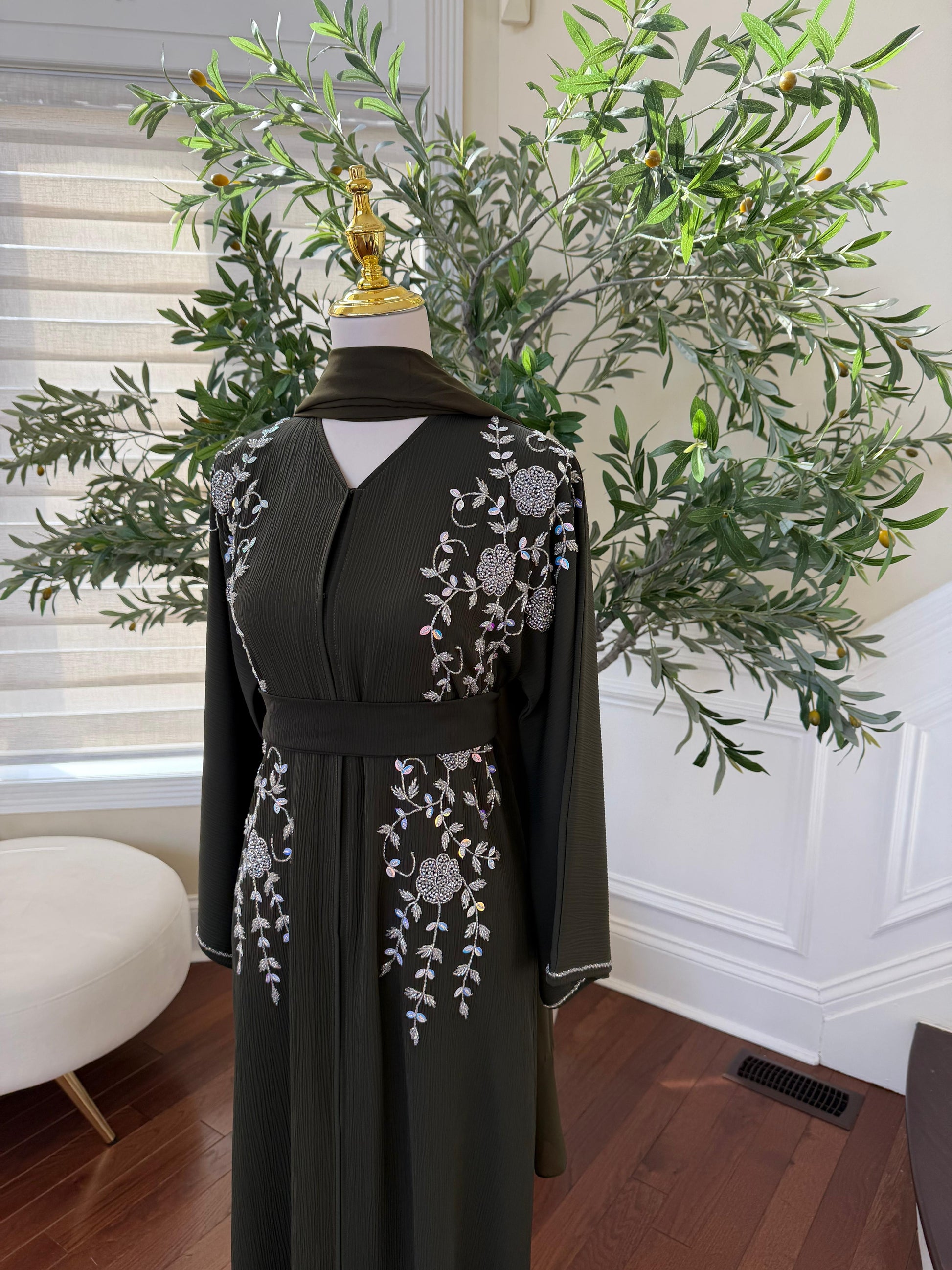 Green Floral Silver Stone Abaya