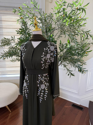Green Floral Silver Stone Abaya