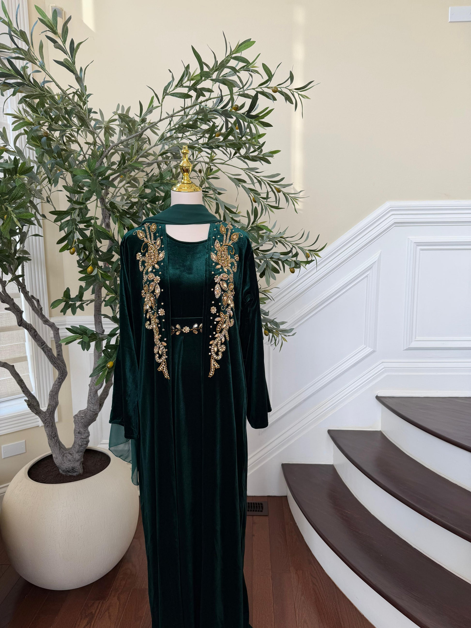 Golden Green Velvet Crystal Two Piece Abaya