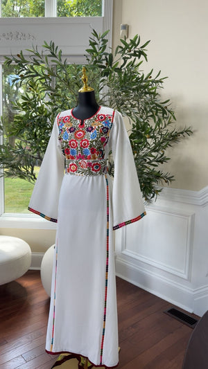 White Floral Embroidery Tatreez Thobe