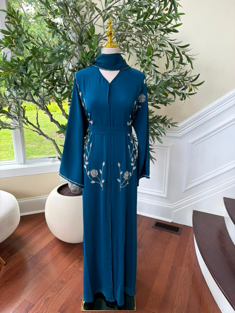 Sky Blue Rose Elegance Detail Abaya