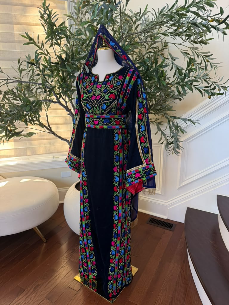 Elegant Navy Blue Velvet Palestinian Thobe with Vibrant Multicolor Floral Embroidery(scarf not included)