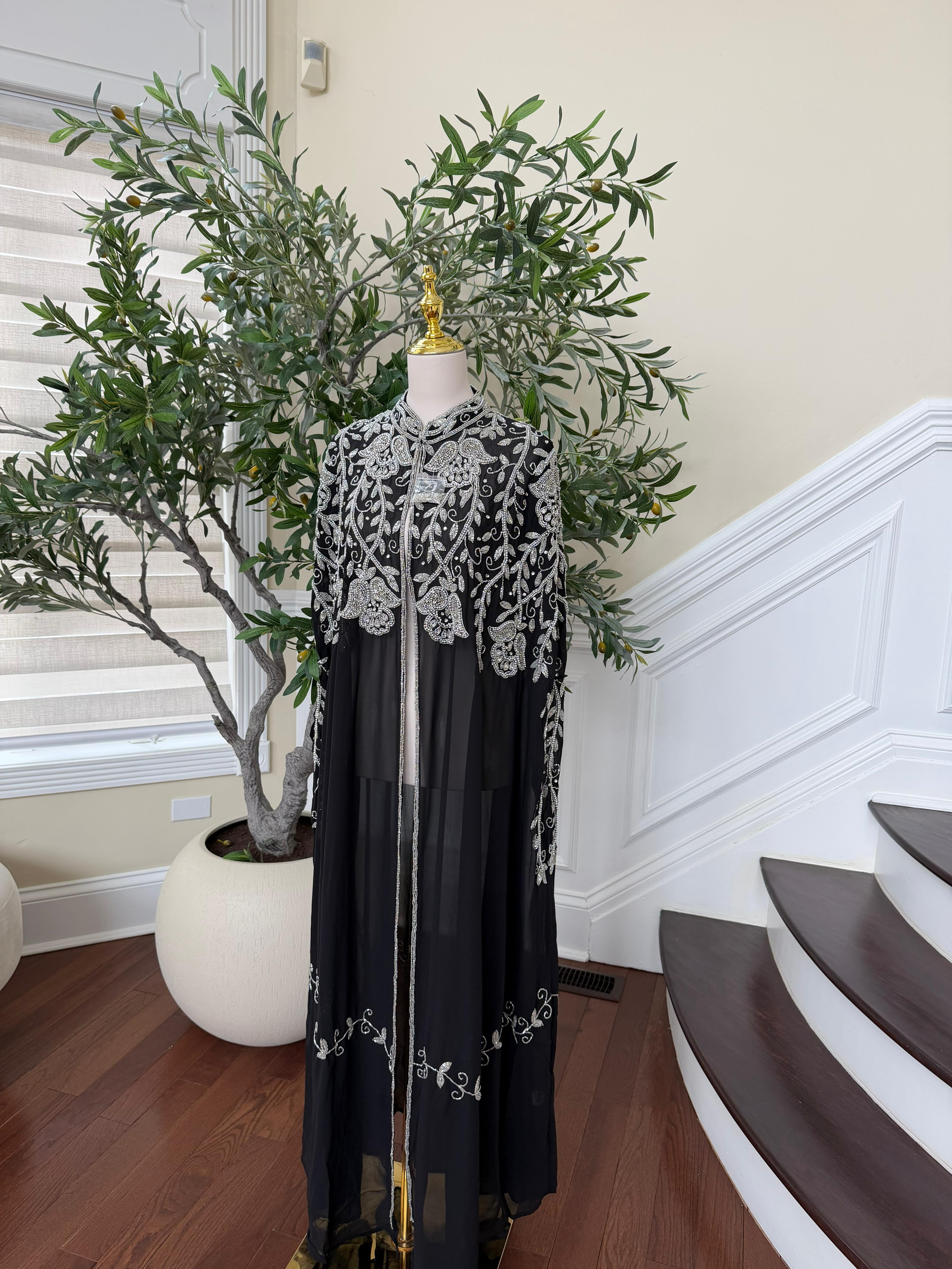 Silver Floral Black Cardigan Abaya