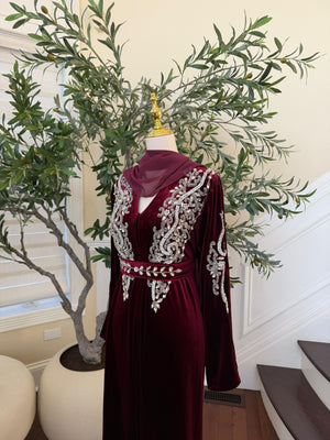 Red Velvet Beaded Stone Charm Abaya