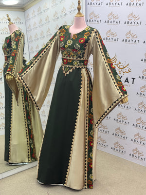 Olive Green & Gold Palestinian Embroidery Thobe – Floral Heritage Design A09082025