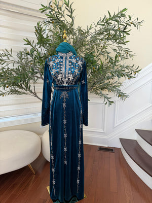 Turquoise Crystal Velvet Design Elegance Abaya