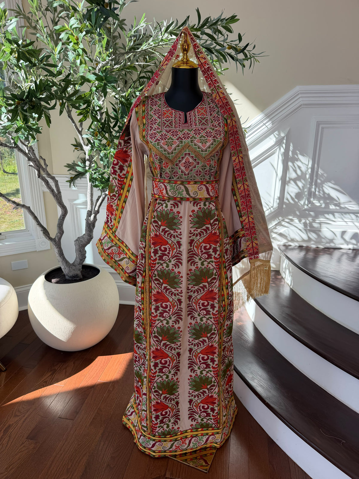 Elegant Cream Palestinian Embroidered Thobe with Traditional Red & Green Detailing (scarf not included)