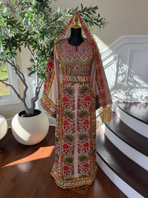Elegant Cream Palestinian Embroidered Thobe with Traditional Red & Green Detailing (scarf not included)