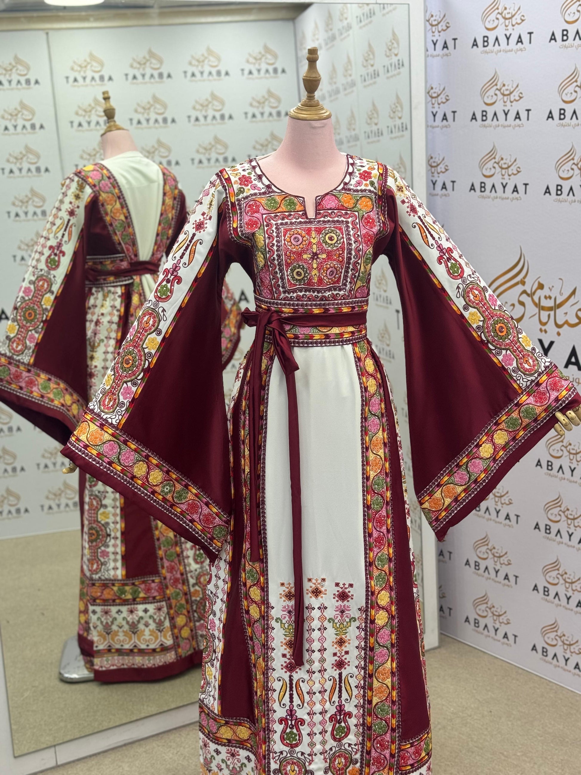 Ivory & Burgundy Palestinian Embroidered Thobe – Multicolor Tatreez Dress with Wide Sleeves”