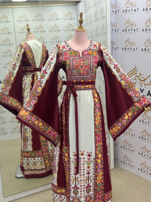 Ivory & Burgundy Palestinian Embroidered Thobe – Multicolor Tatreez Dress with Wide Sleeves”