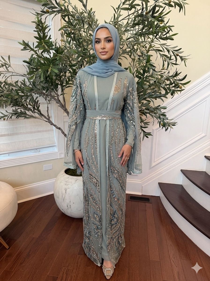 Mint Sequin Two Piece Abaya