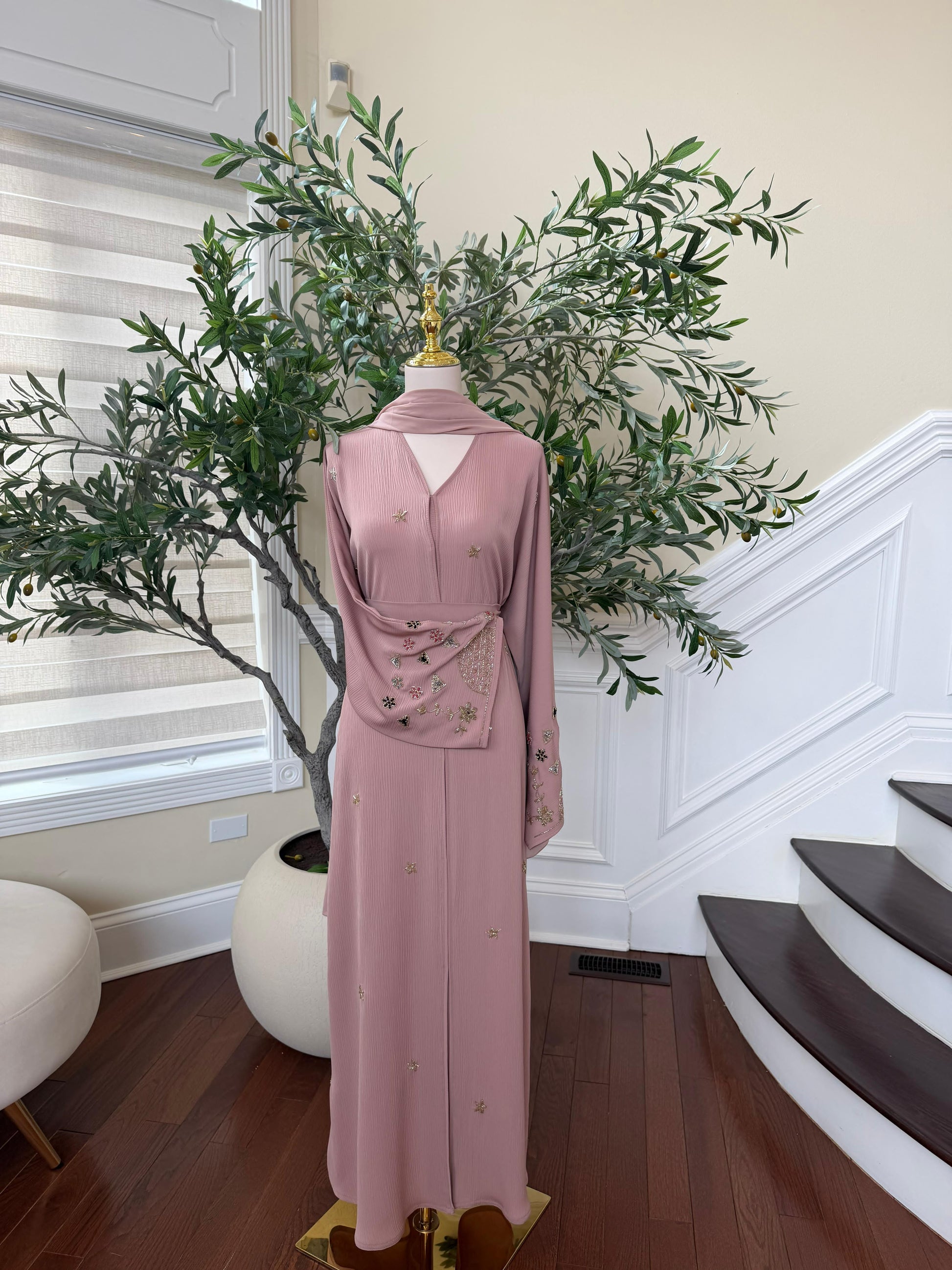 Rose Blush Floral Sleeve Beaded Abaya
