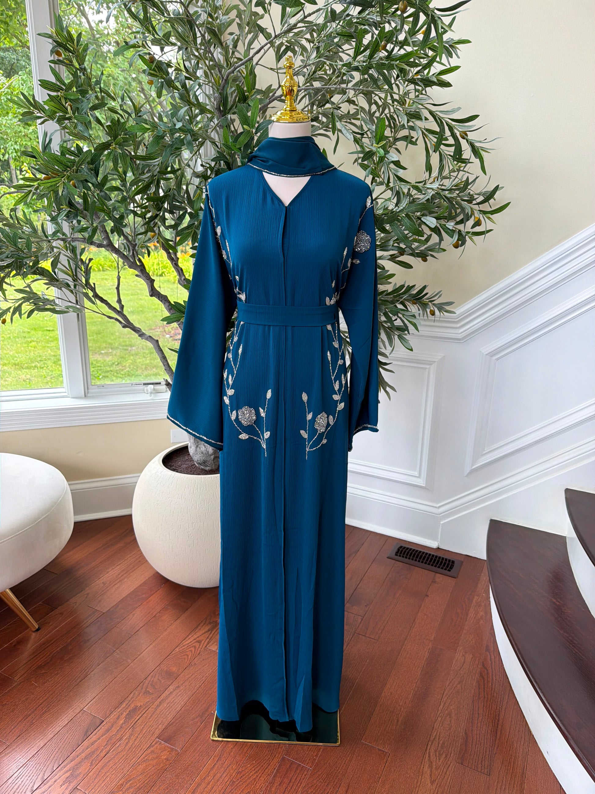 Sky Blue Rose Elegance Detail Abaya