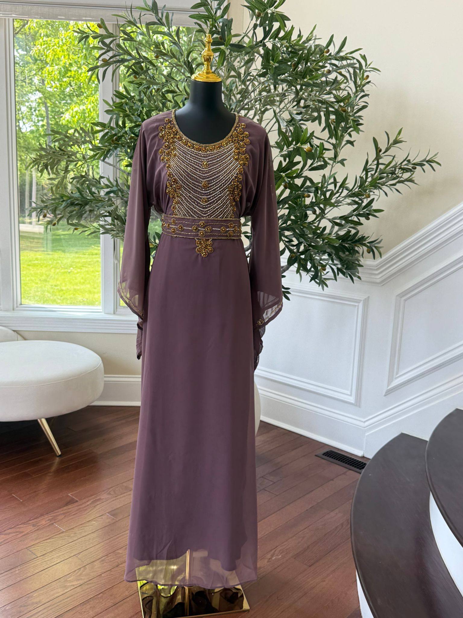 Elegant Mauve Beaded Kuftan Maxi Dress
