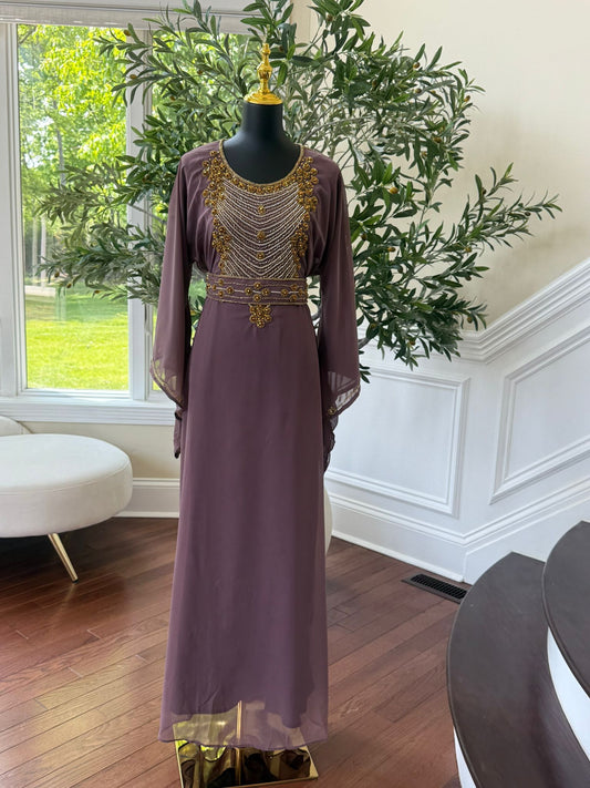 Elegant Mauve Beaded Kuftan Maxi Dress