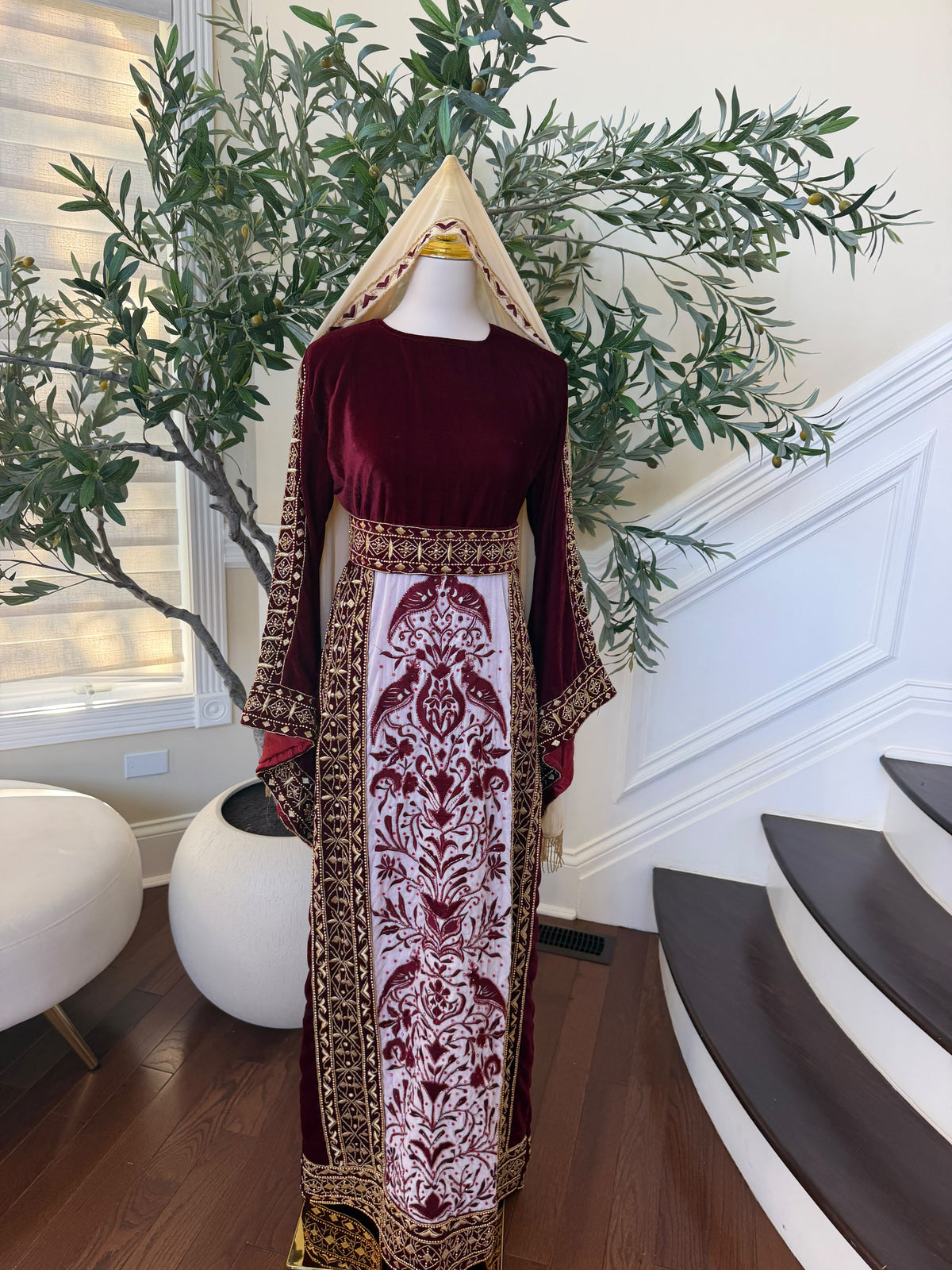 Elegant Burgundy Velvet Palestinian Thobe with Gold Embroidery