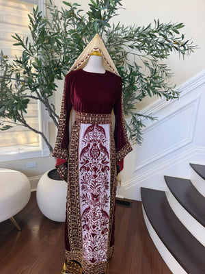 Elegant Burgundy Velvet Palestinian Thobe with Gold Embroidery