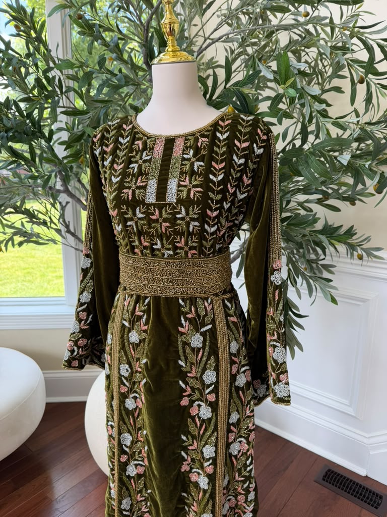 Velvet Olive Green Beaded Stone Thobe