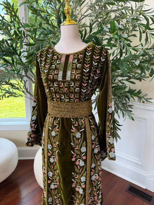 Velvet Olive Green Beaded Stone Thobe