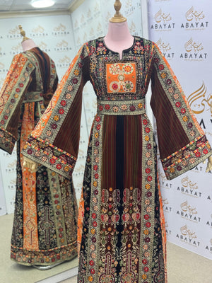 Premium Palestinian Velvet Thobe – Orange & Olive Tatreez Jana & Nar
