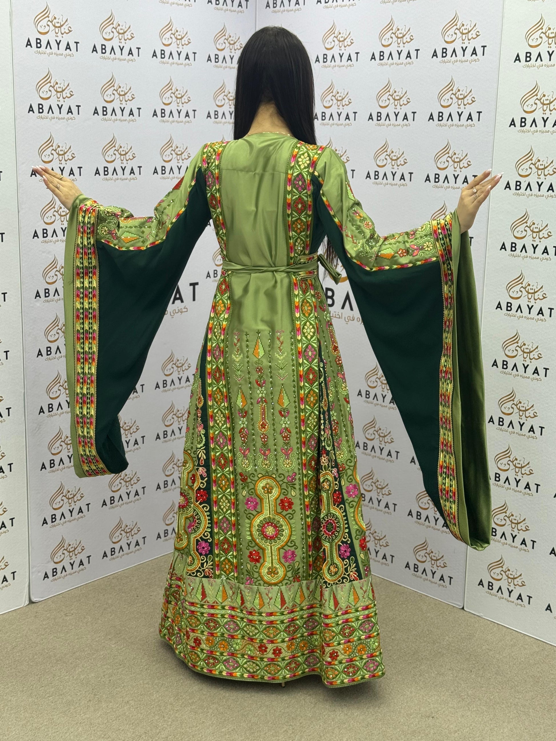 Green Palestinian Embroidered Thobe | Colorful Traditional Design A09092025