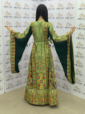Green Palestinian Embroidered Thobe | Colorful Traditional Design A09092025