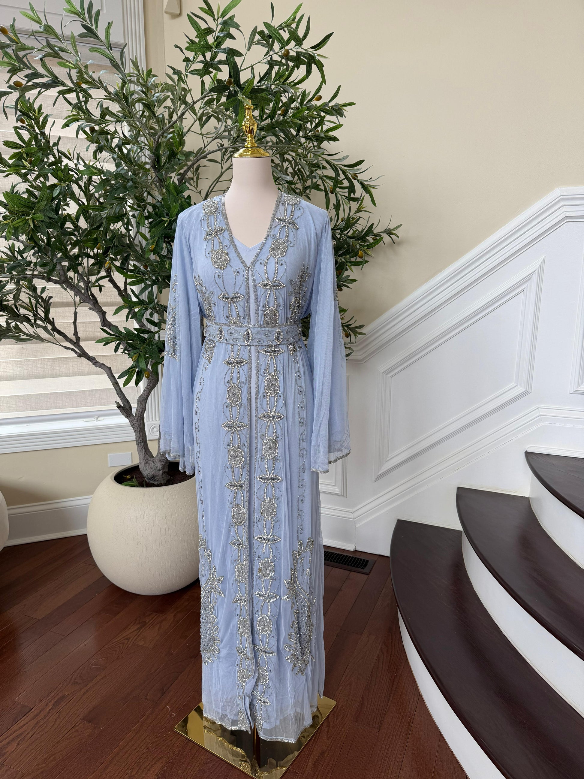Baby Blue Silver Stone Beaded Abaya