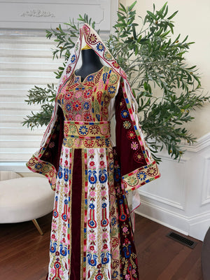 Velvet Maroon and White Traditional Tatreez Sabal Kharaz Detail Thobe