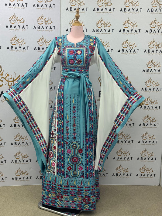 Turquoise & Fuchsia Palestinian Embroidered Thobe – Floral Heritage Design
