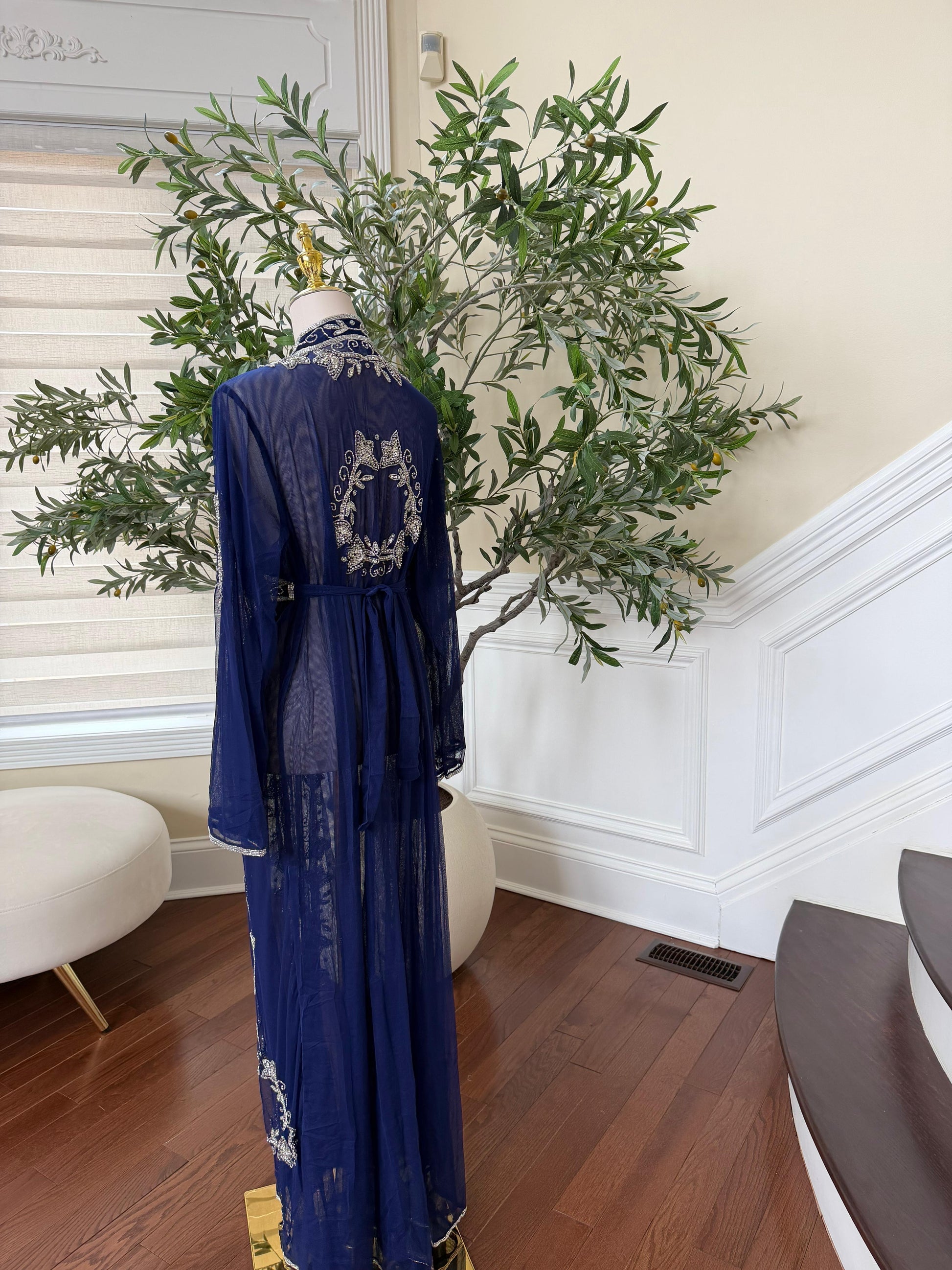 Blue Silver Stone Beaded Abaya