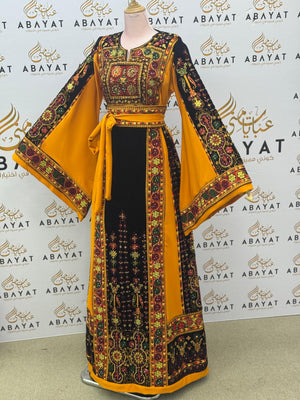Premium Palestinian Malakah Thobe – Bright Mustard & Black Embroidery
