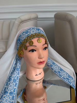 White Embroidery Baby Blue Tatreez Khirka Shal