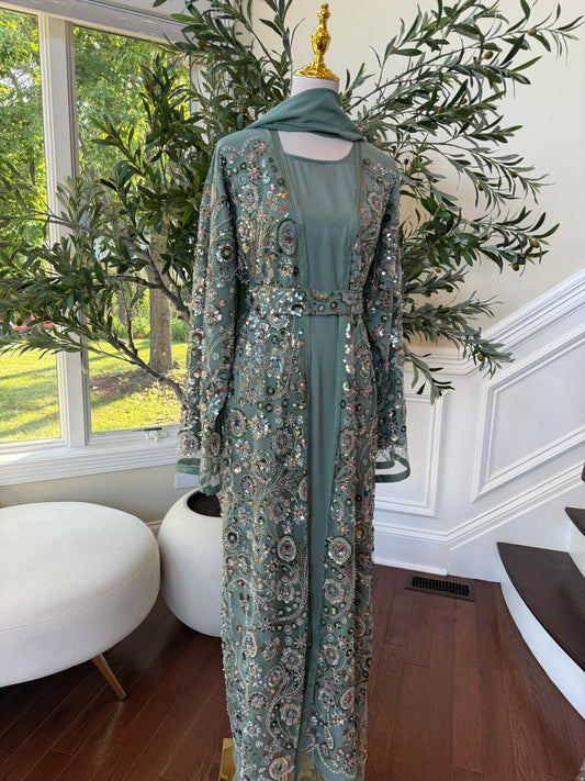 Ocean Sage Sequin Floral Abaya