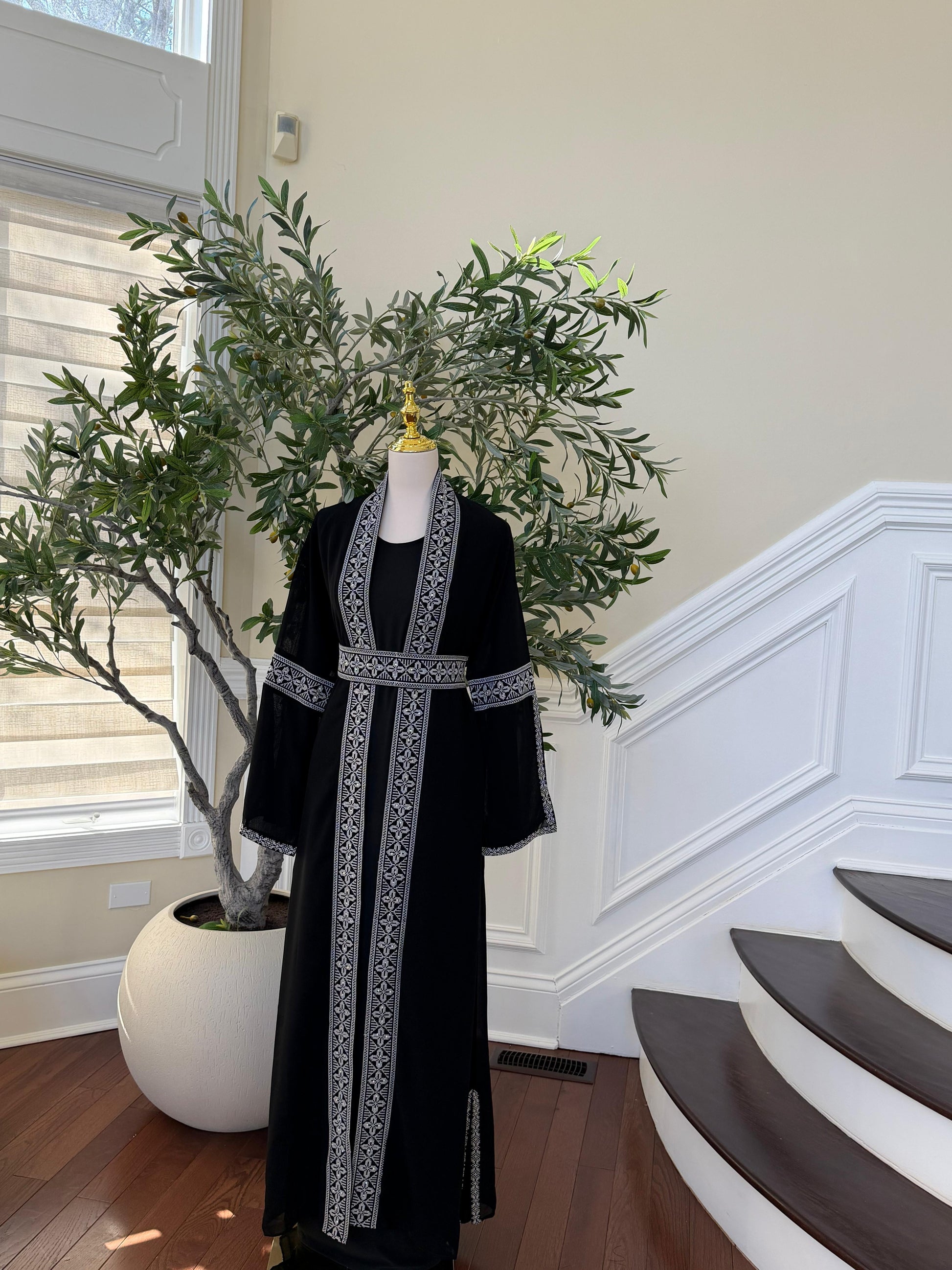 Black Two Piece Silver Embroidered Thobe