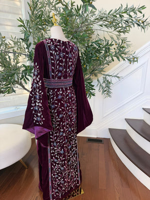 Elegant Burgundy Velvet Thobe with Blue and Silver Floral Embroidery (scarf not included)