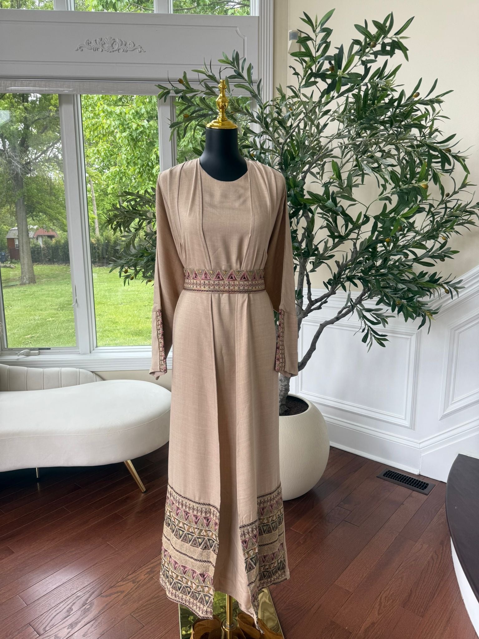Elegant Tan Tatreez Cardigan Abaya