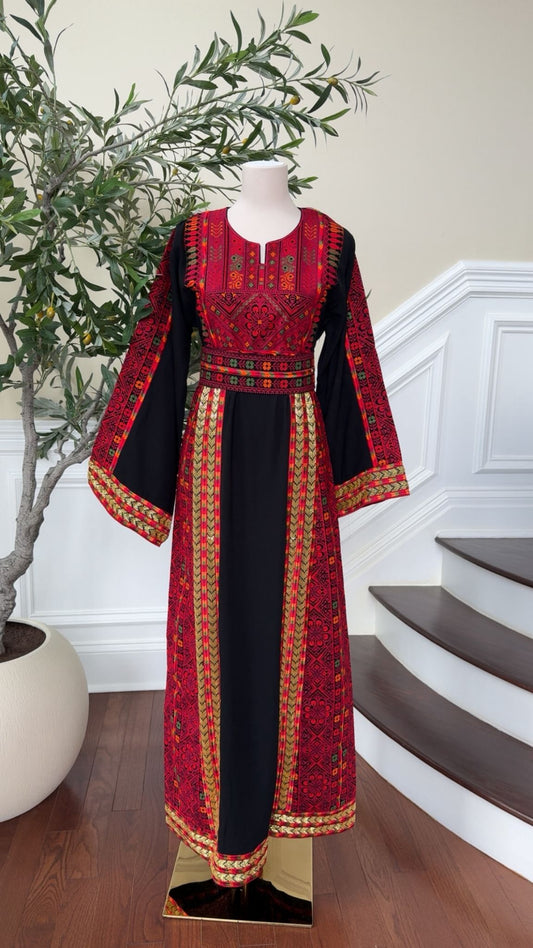 Black Embroidery Red Tatreez Thobe