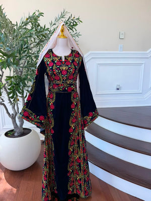 Velvet Blue Floral Embroidered Tatreez Thobe